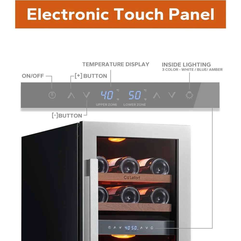 Ca'Lefort 15 Inch Wine Fridge, 28 Bottle Wine Cooler Refrigerator, 40-65°F Wine Refrigerator Glass Door, 3 LED Dual Zone Wine Fr