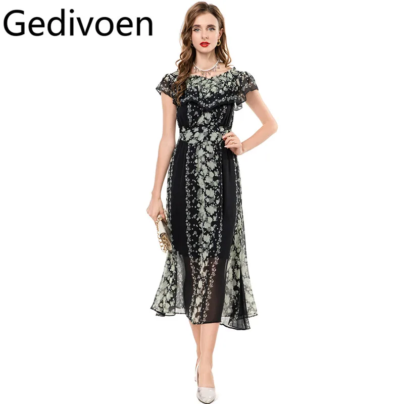 

Gedivoen Shoulder Lotus Leaf Sleeve Print Elastic Waist Mid Length Chiffon Dress 2025 Summer New Style