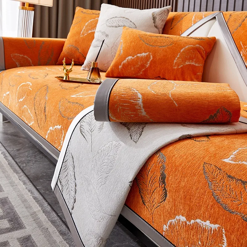 

Chenille Orange Real Leather Sofa Cushion Fur Sofa Cover Non-slip and Dustproof Thick Soft Couch Cover Furniture Protector