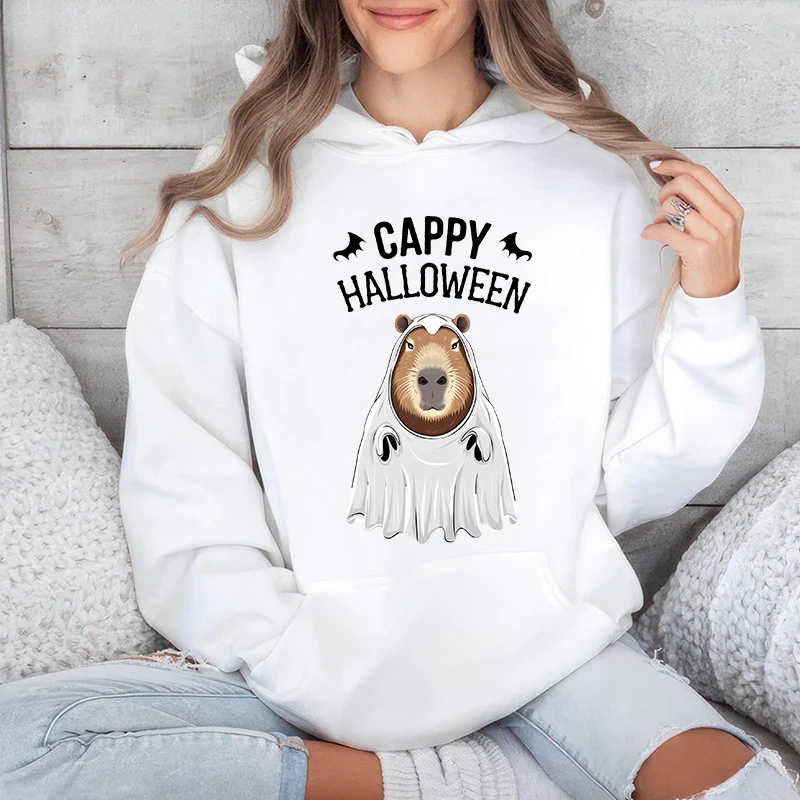 Cappy Capy Halloween Capybara Kawaii Ghost Print para mujer, sudaderas con capucha, suéter de terciopelo, Tops sueltos, Otoño e Invierno