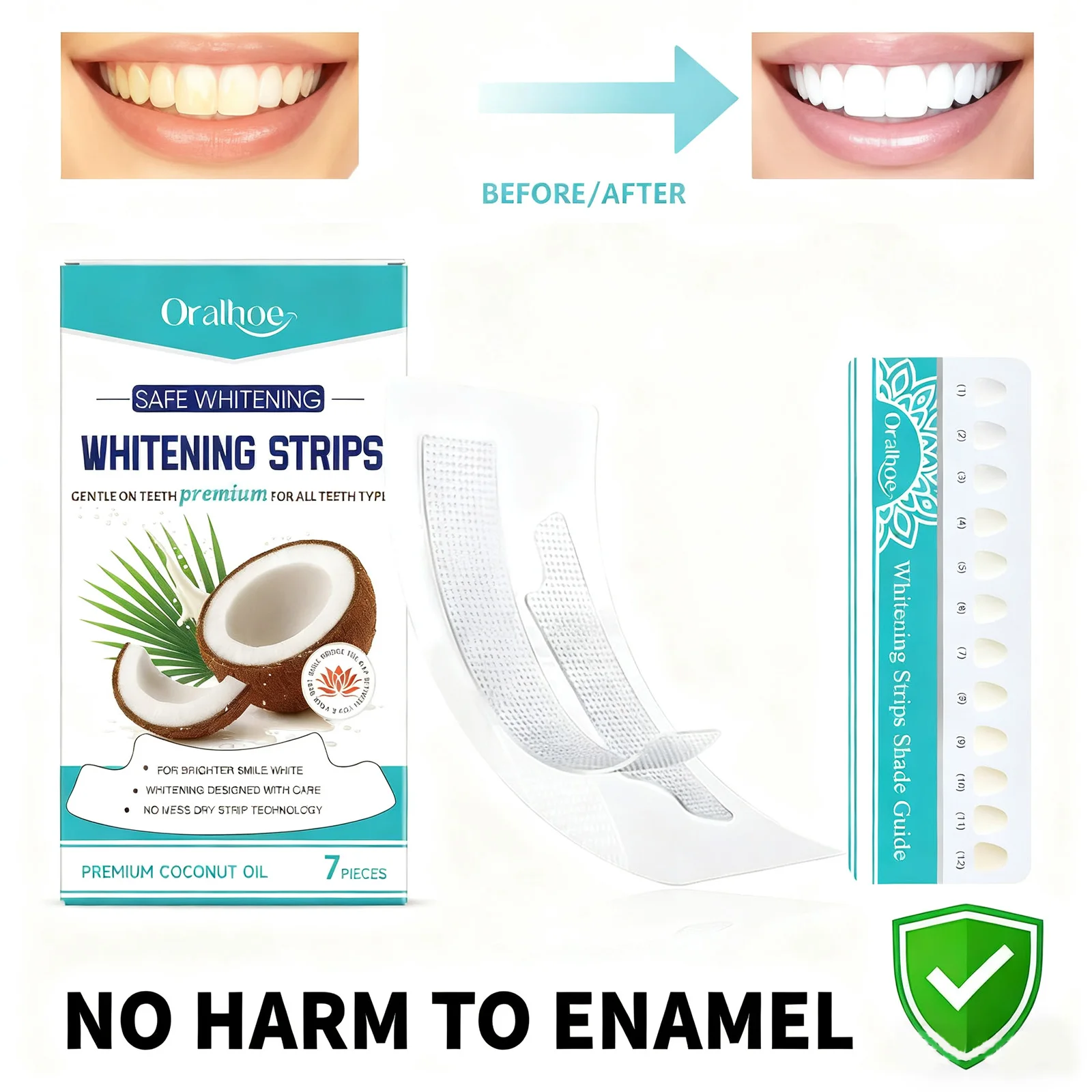 7 PCS Teeth Whitening Strips Enamel Safe Whitening for Yellow Teeth Remove Coffee Smoking Stains Fresh Coconut Oral Care Strips