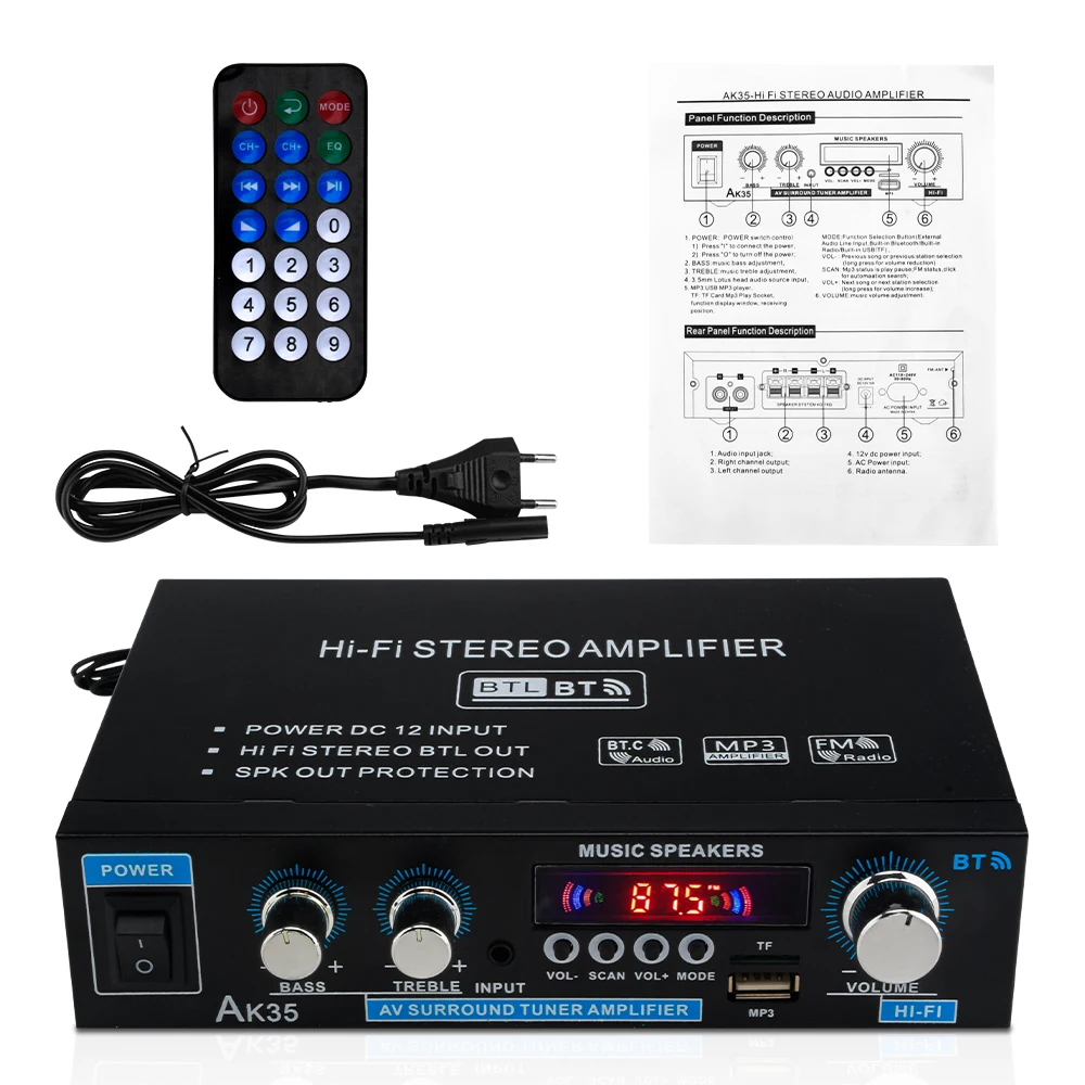 110V-240V AK35 Bluetooth Amplifiers HiFi Digital MP3 Channel 2.0 Sound AMP Support Stereo Sound FM Radio AMP for Home Car