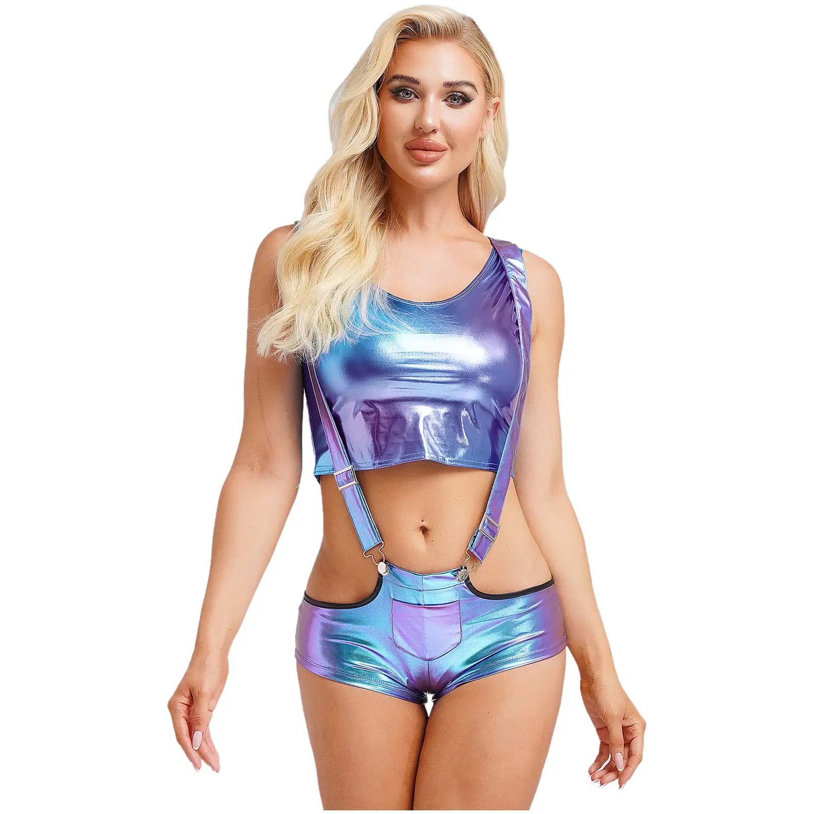 إمرأة ديسكو الهيبيز القطب ملابس رقص لامعة معدنية تانك القمم + الحمالات فستان أطفال مع سروال داخلي ساخن Wetlook الهذيان مهرجان كلوبوير
