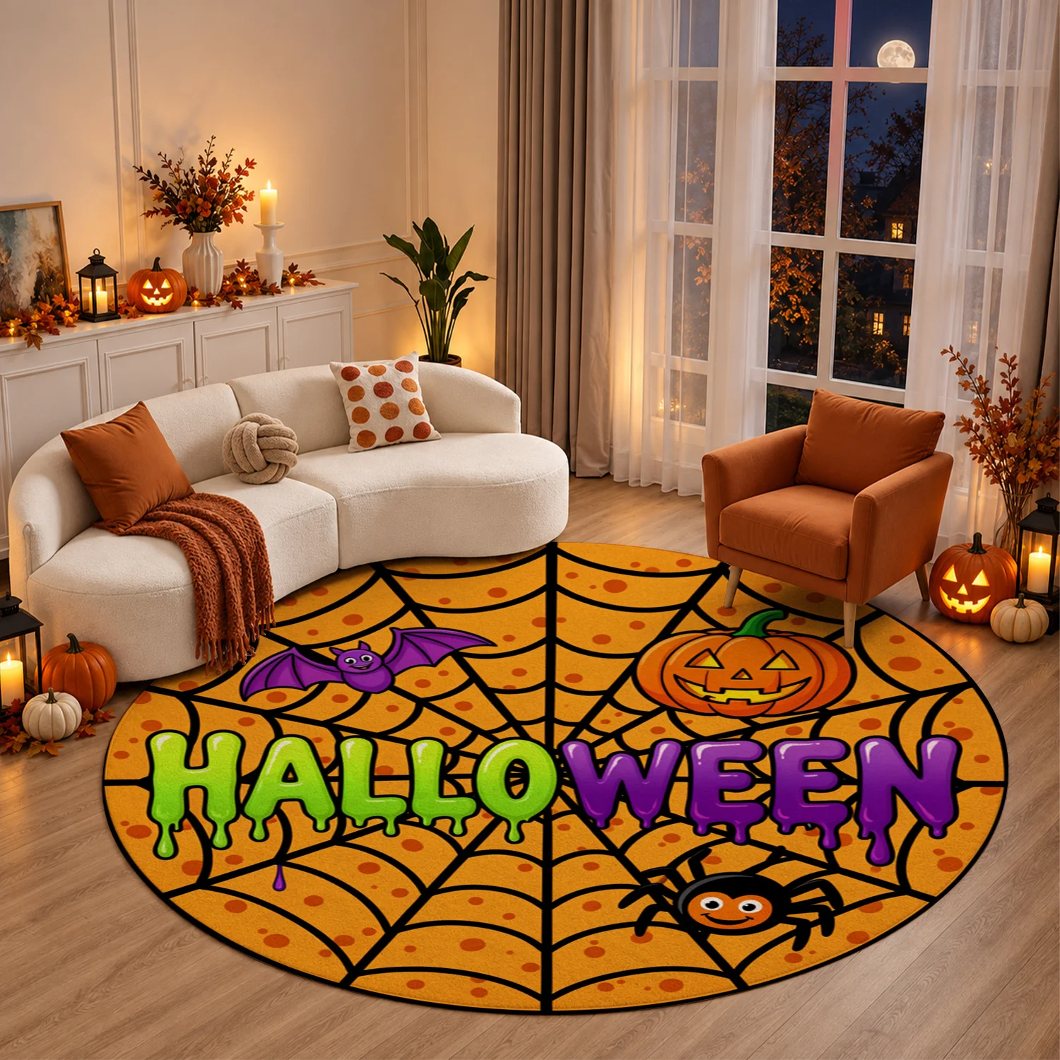 Halloween Spider Web Pumpkin Bat Spider Pattern Round Velvet Rug, Machine Washable Soft Floor Mat for Entryway Living Room Bedroom Kitchen, Decor for Halloween Thanksgiving Christmas New Year Black Friday Cyber Monday