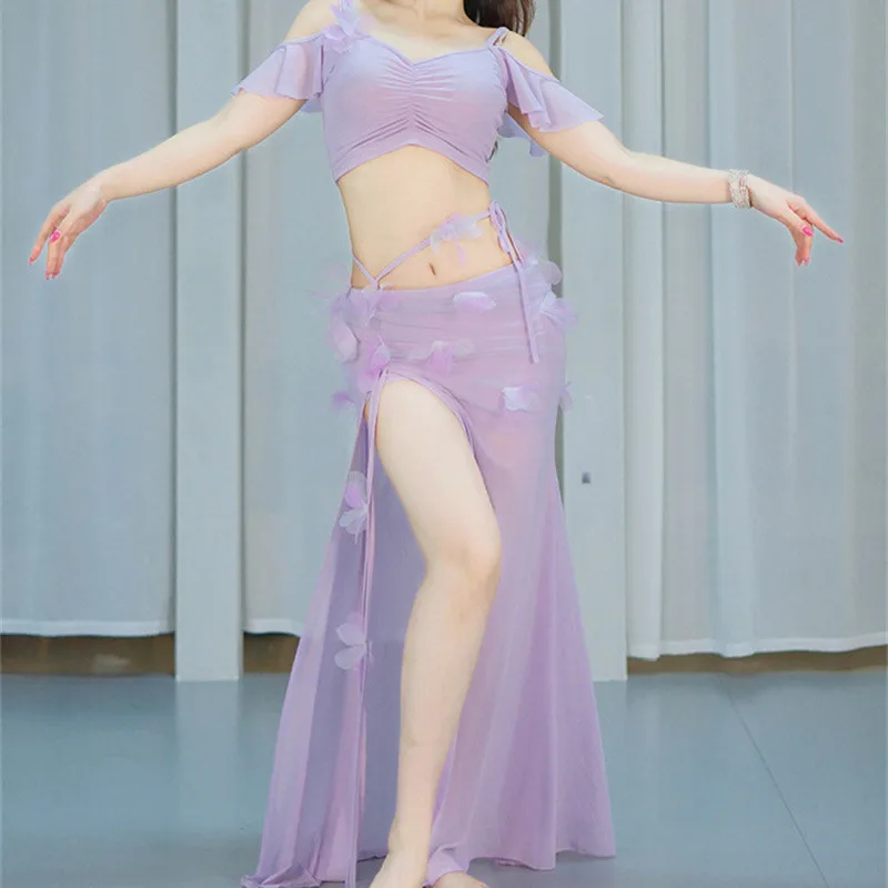 

2pcs Women Oriental Belly Dance Costume Off Shoulder Top & High Split Skirt Set For Practice Performance Oeintal Training Stage
