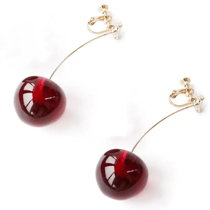 Clear Resin Cherry Earrings for Women Girl Gold Color Alloy Transparent Green Pink Purple Red Cherry Clip Earrings Party Jewelry