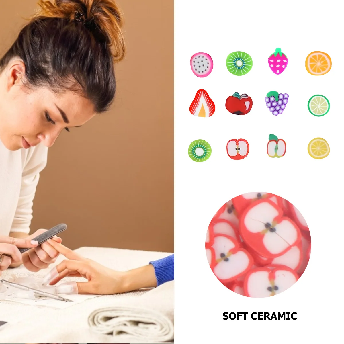 2400 ชิ้น ชิ้นส่วนตกแต่งเล็บลายผลไม้หลากสีสัน สำหรับตกแต่งเล็บด้วยตัวเอง อุปกรณ์ตกแต่งเล็บที่มีสไตล์ไม่ซ้ำใคร ชิ้นส่วนตกแต่งเล็บลายผลไม้