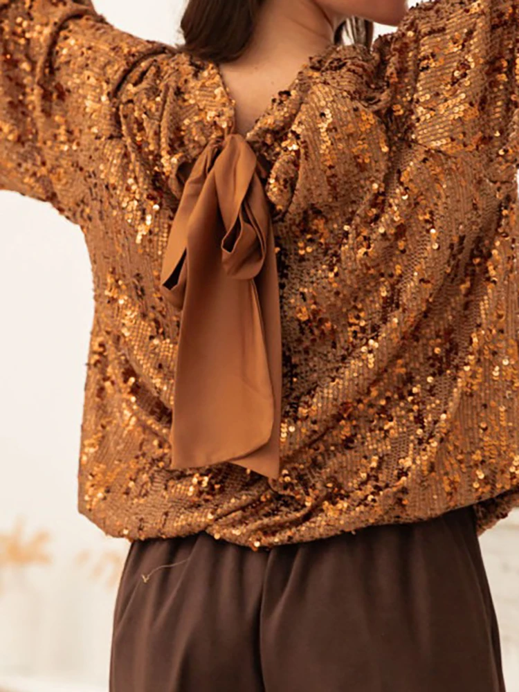 

Шикарный женский праздничный топ с блестками и круглым вырезом, элегантные однотонные свободные футболки с повязками, женская модная футболка с коротким рукавом, блузки на день рождения