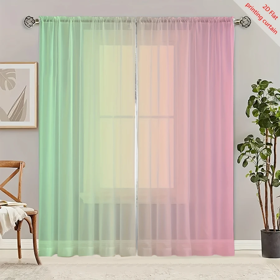 2PCS Digital Print Sheer Curtains, Pink Green Gradient Ombre, Dreamy Pastel Abstract for Bedroom Living Room Home Decor