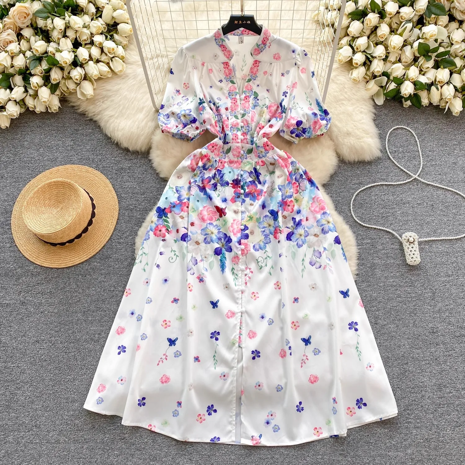 2024 Nieuwe Zomer Dames Bloemenprint Palce Stijl V-Hals Korte Mouw Single Breasted Mode Elegante Casual Party Boho Jurken