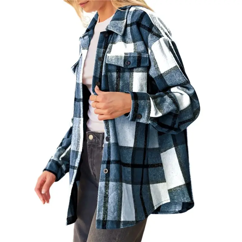 

CYL-Women's Spring Fall Clothing Fashion Elegant Long Sleeve Lapel Loose Plaid Shirt Jacket Flannel Button Shirt Blue M