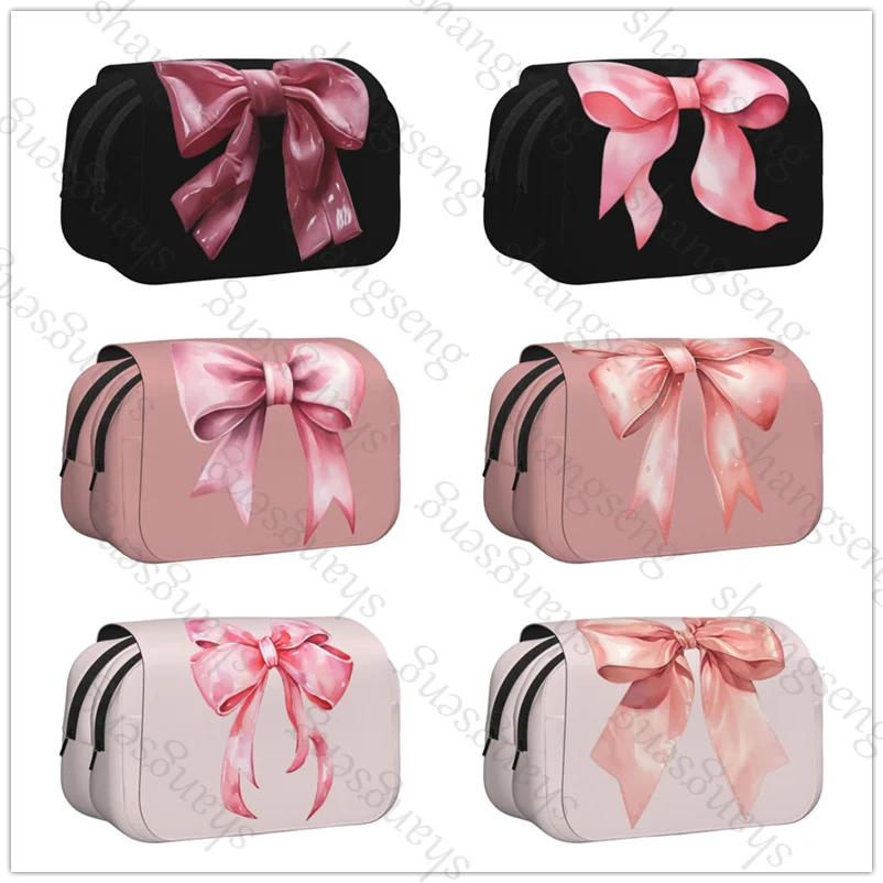 

Pen case Pencil Box Double Flip School Supplies Children's Pencil Box Storage Cosmetic Bag Student Gift Pink bow