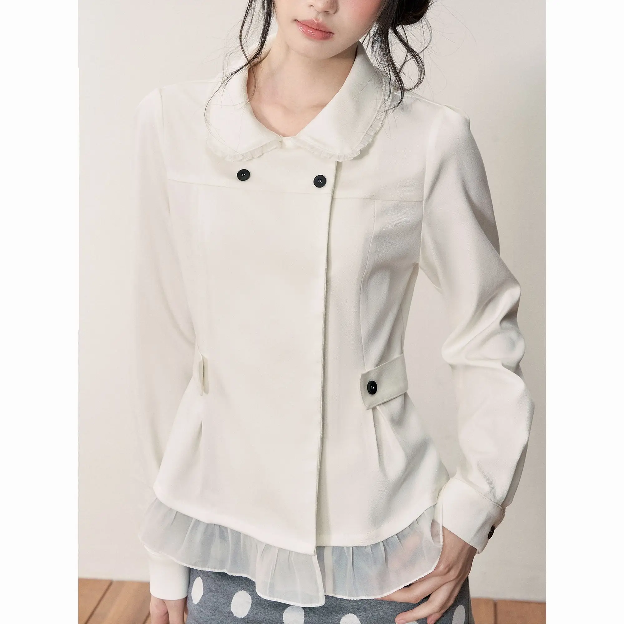 Korean Elegant Women Long Sleeve Top Peter Pan Collar Lace Trim Button Ruched Waist Sheer Ruffle Hem Slim Fit Daily Wear 2026