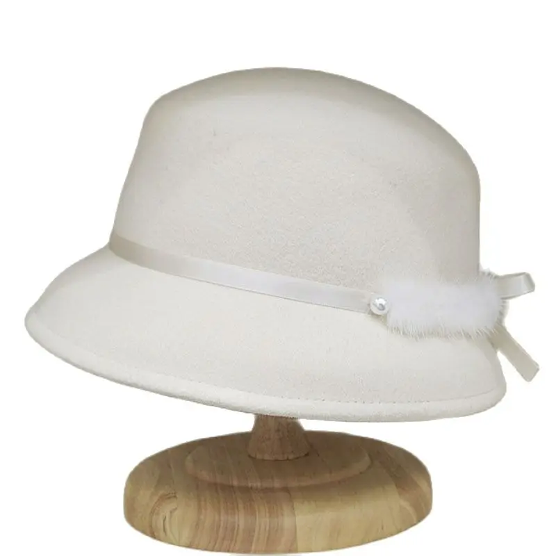 Damska czapka zimowa elegancka wełniana melonik wiadro z prawdziwym futrem wstążka kapelusze Fedora czapki imprezowe kościoła