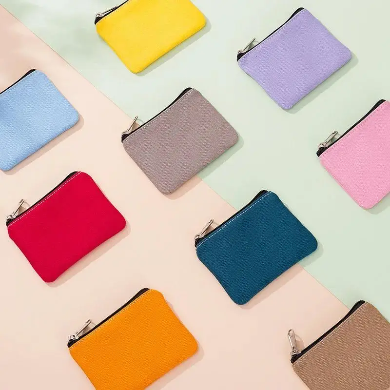 New DIY Plain Canvas Cotton Bag Pure Zipper Coin Key Money Pocket Women Men Hand-held Purse Small Wallet Kid
