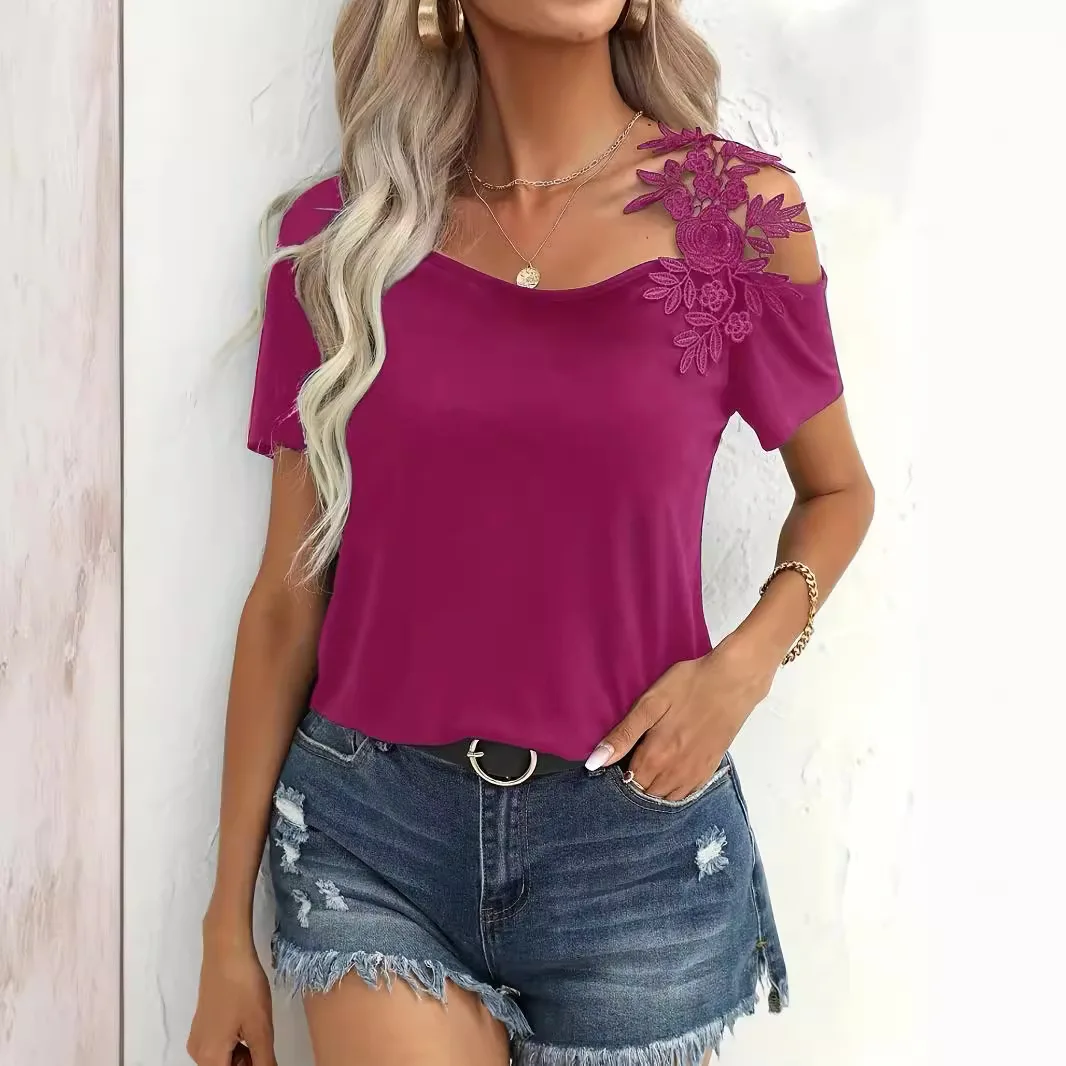 2025 Summer New Solid Color Splicing Fashion Lace T-shirt Women's Europe and America