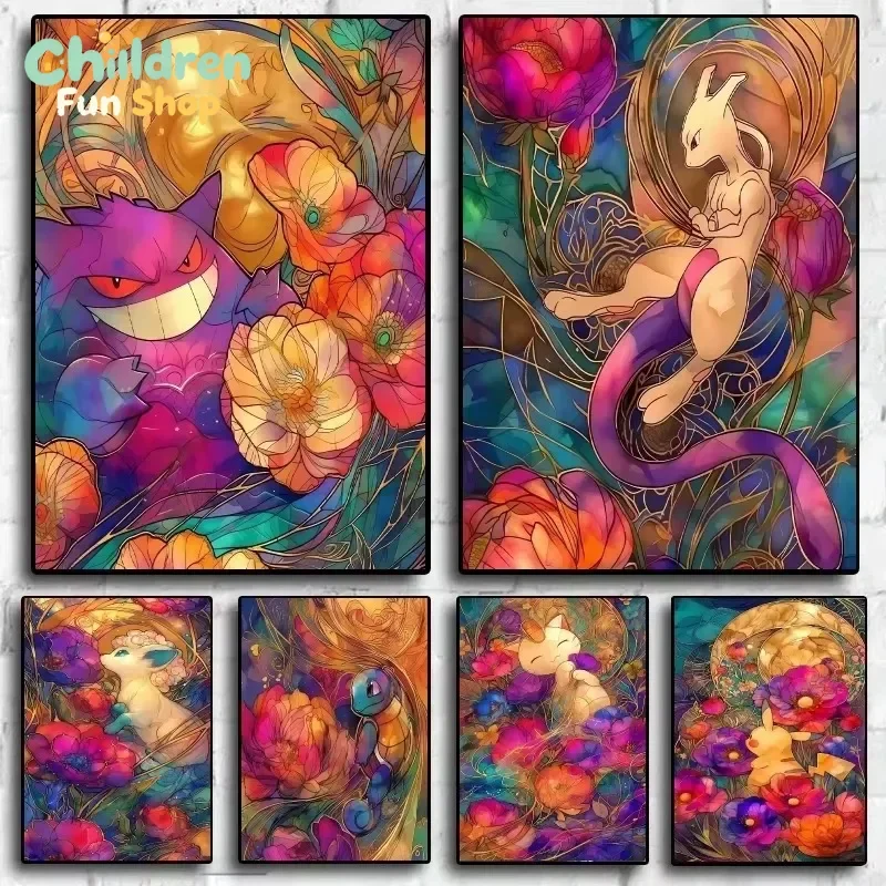 DIY Pokemon Stained Glass Style Diamond Painting, Fantasy Floral Anime Creature Art For Living Room Wall Decor Exquisite Gift,
