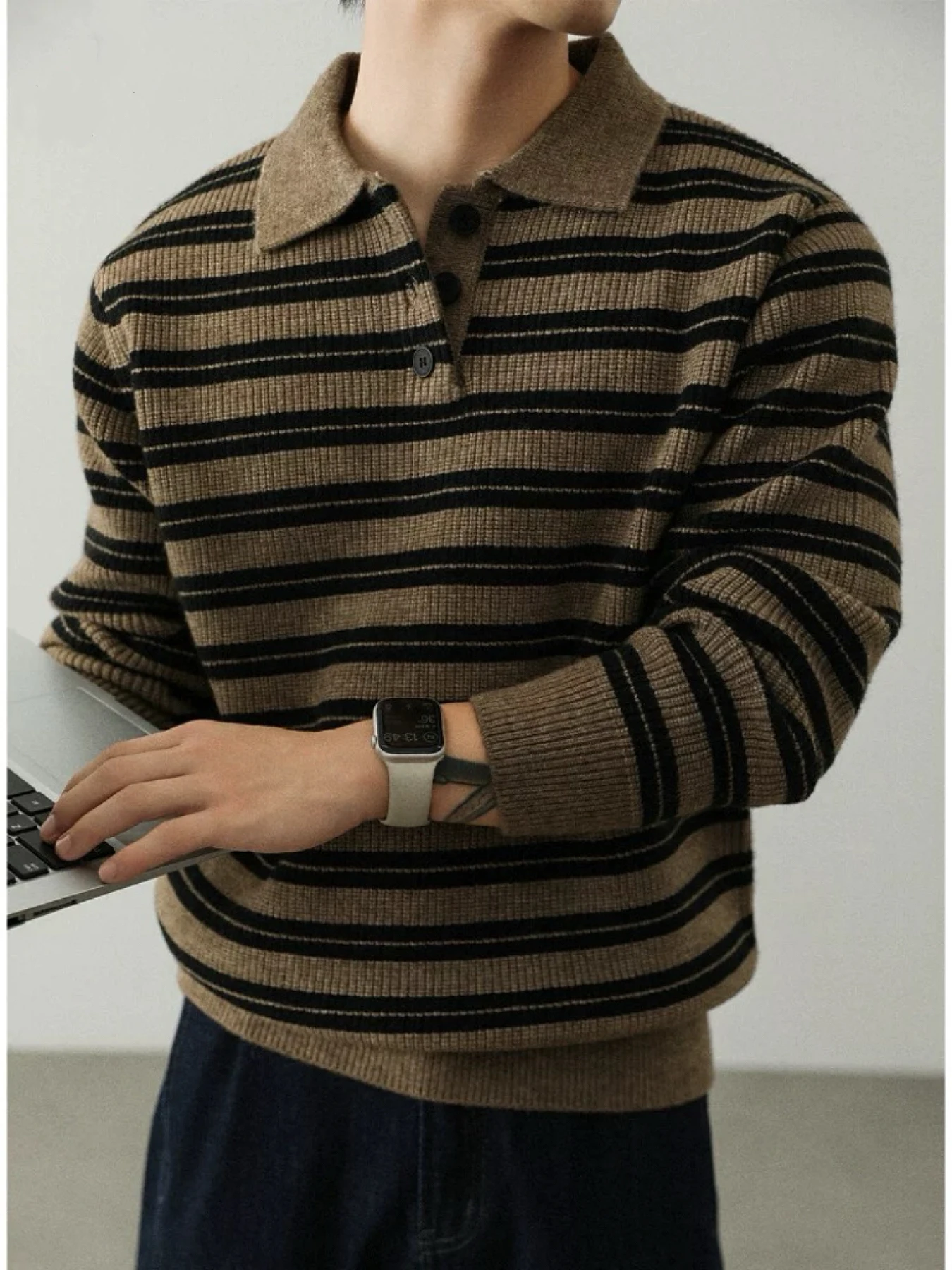 Color Block  Shirt Men's Knitted Inner Wear Casual Striped Lazy Collar Handsome Men's Sweater Polyester Fiber Soft