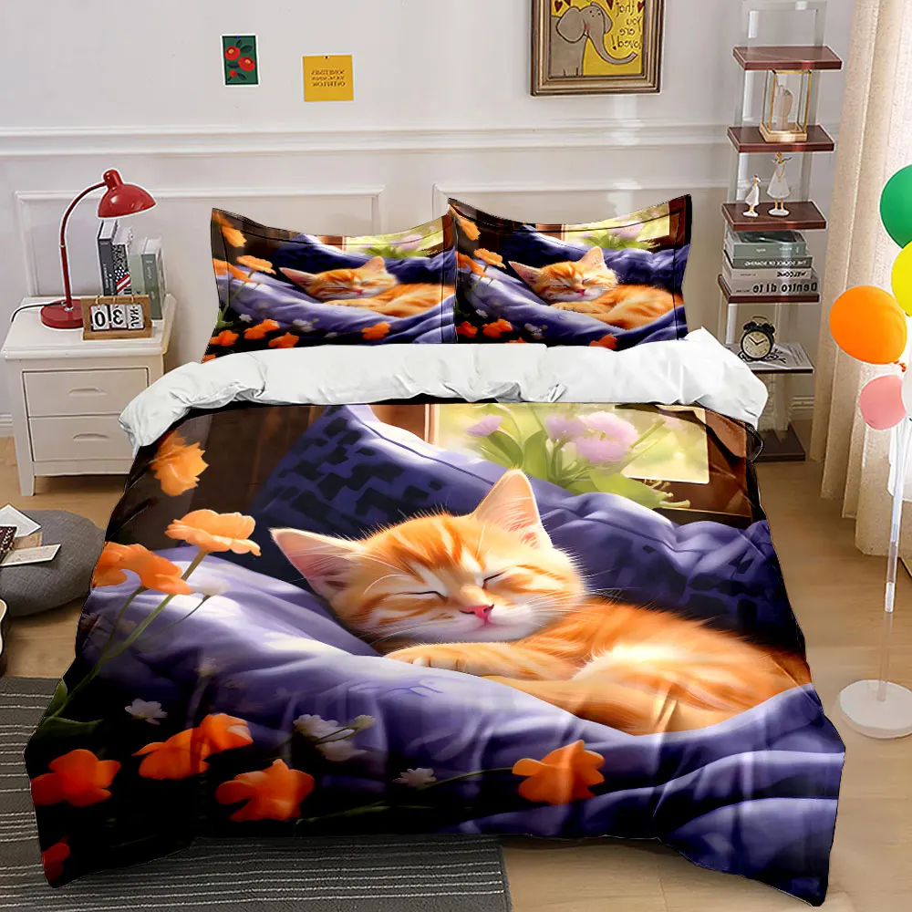 Orange cat peacefully sleeping by window Print Soft Comfortable Duvet Cover Bedding Set Included 1*Duvet Cover  2*Pillowcases