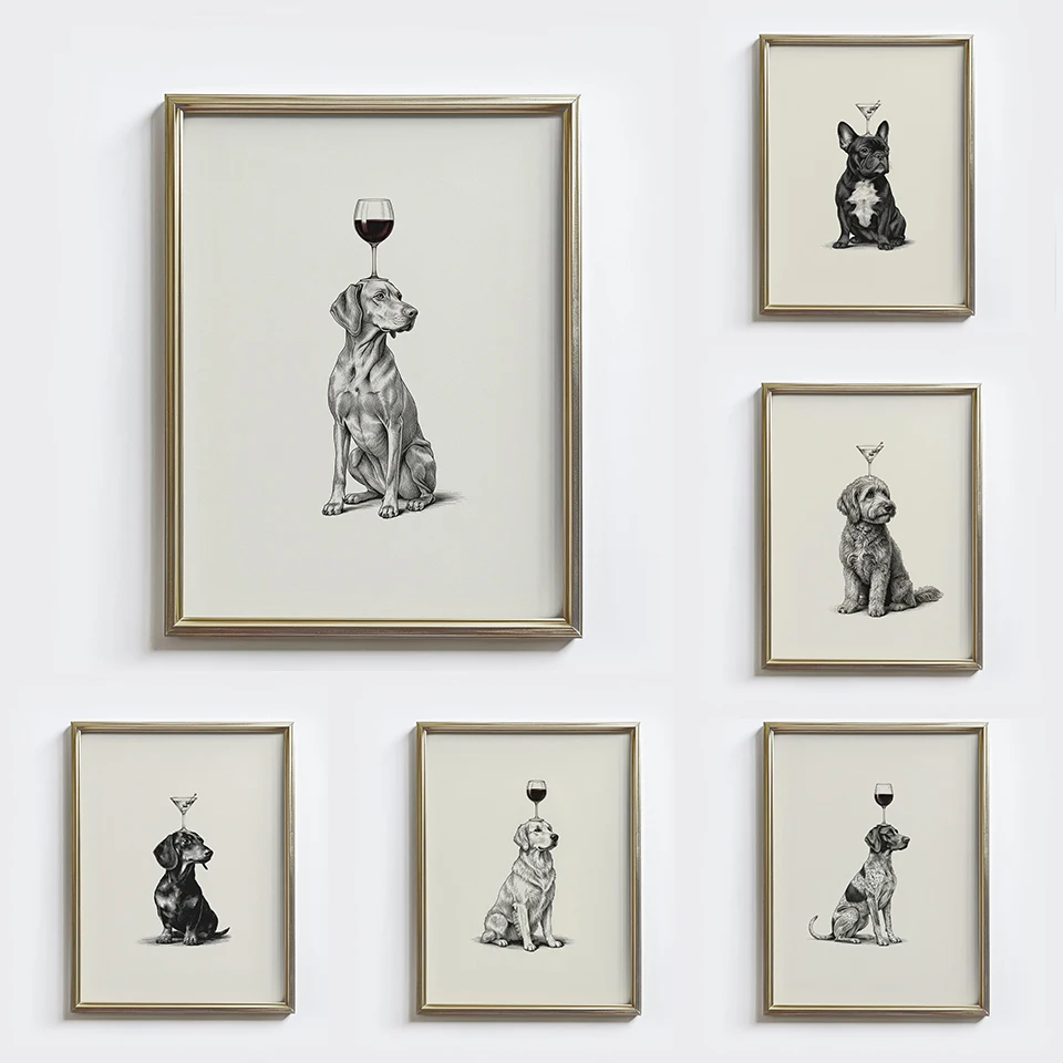 Vintage Golden Retriever Wine Glass Goldendoodle Martini Dog Pet Sketch Poster Canvas Painting Wall Art Pictures Home Decor