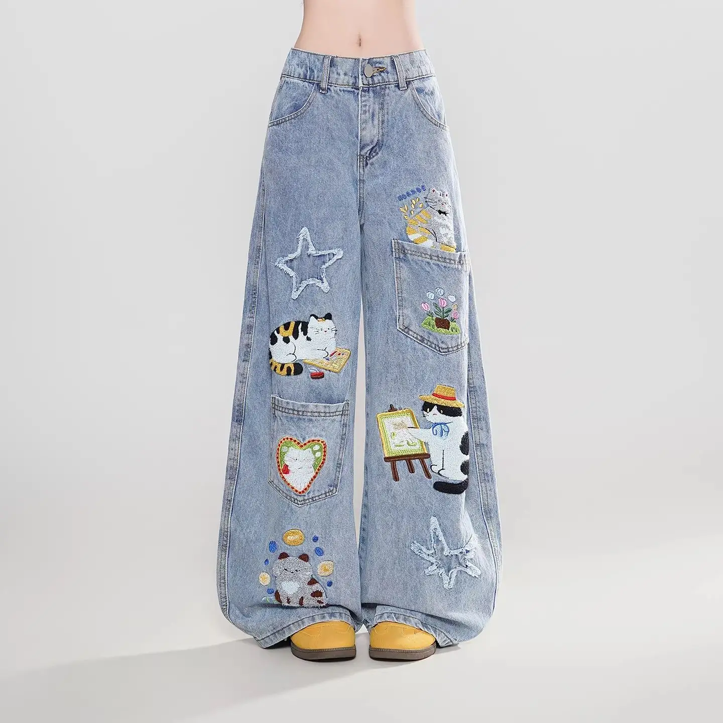 Vintage fun embroidered tooling jeans large size old multi-pocket design wide-leg pants korean fashion