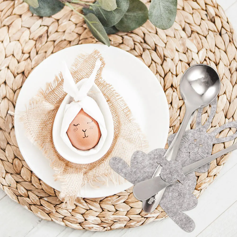 

4pcs Cutlery Bag Easter Bunny Utensil Holder Grey Dining Tableware Rabbit Shape Cutlery Bag Covers Portable Storage