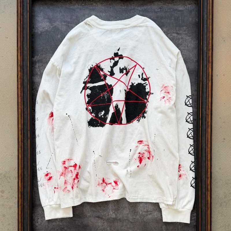 Latest Hip-Hop Voice of the Devil Hand-drawn Ink Wash Handmade Distressed Fall Loose-fit Vintage