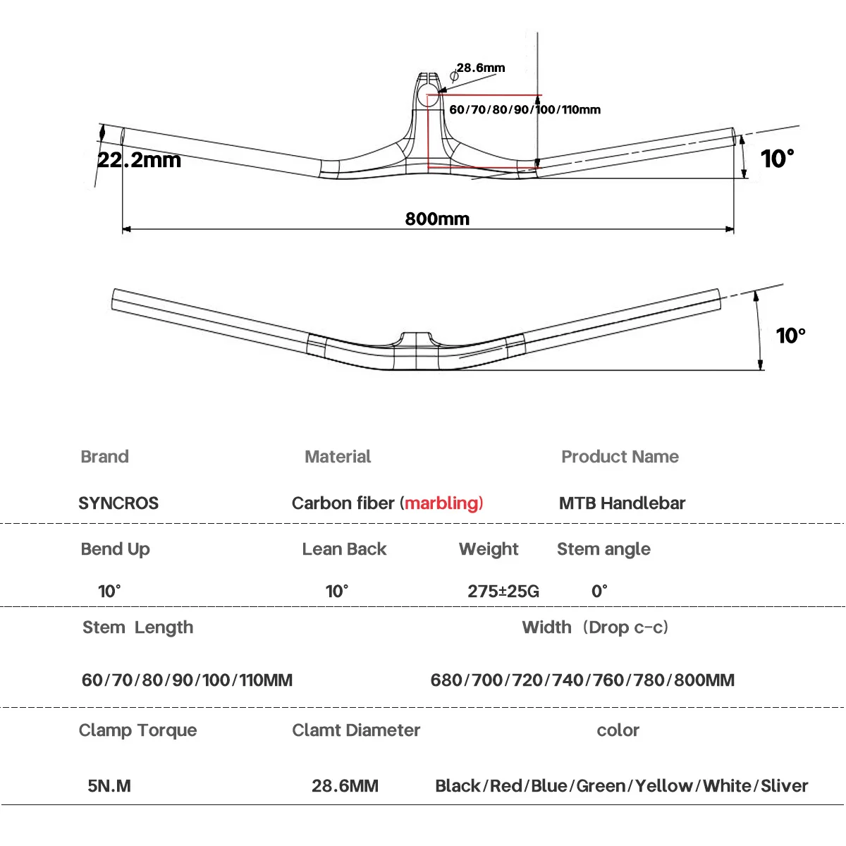 Syncros Carbon Handlebar +10°  Multiple Colour MTB Integrated Handlebar Stem 0° 60-110mm bike farme  bicycle parts marbling