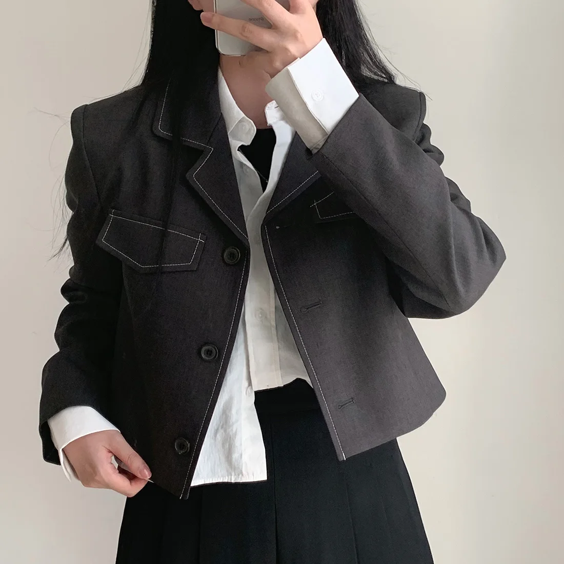 Retro Mermaid Long Sleeve Contrast Color Short Suit Jacket Women's Straight Cut Commute Style Woven Fabric Single Piece