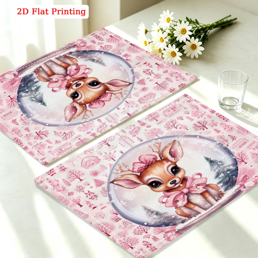 1pc Cute Cartoon Deer Placemat Pink Floral 2d Flat Printing Table Mat Kitchen Dining Home Decor Use 30x40cm Cover