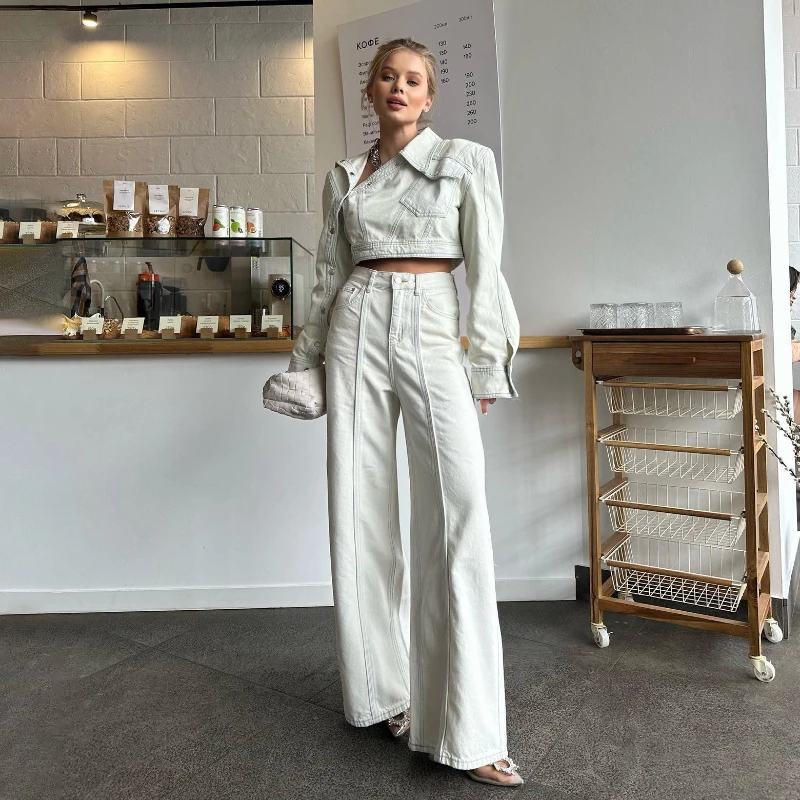 

2025 Autumn New Irregular Slant Neck Short Sleeve Denim Short Coat and High Waist Pants Two Piece Set for Women