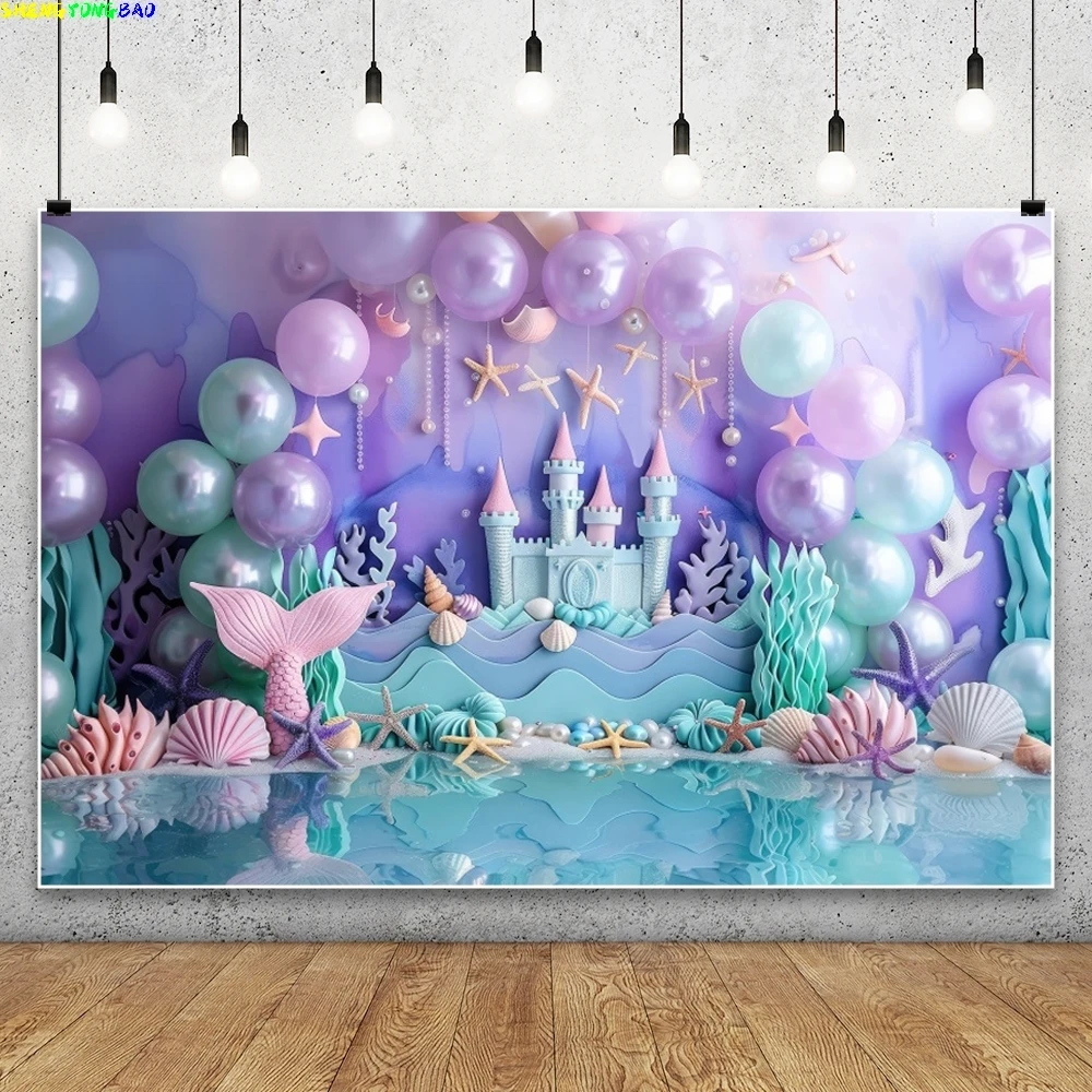 Newborn 1st Birthday Party Photography Backdrop Underwater Castle Mermaid Theme Princess Girls Cake Smash Decor Photo Background