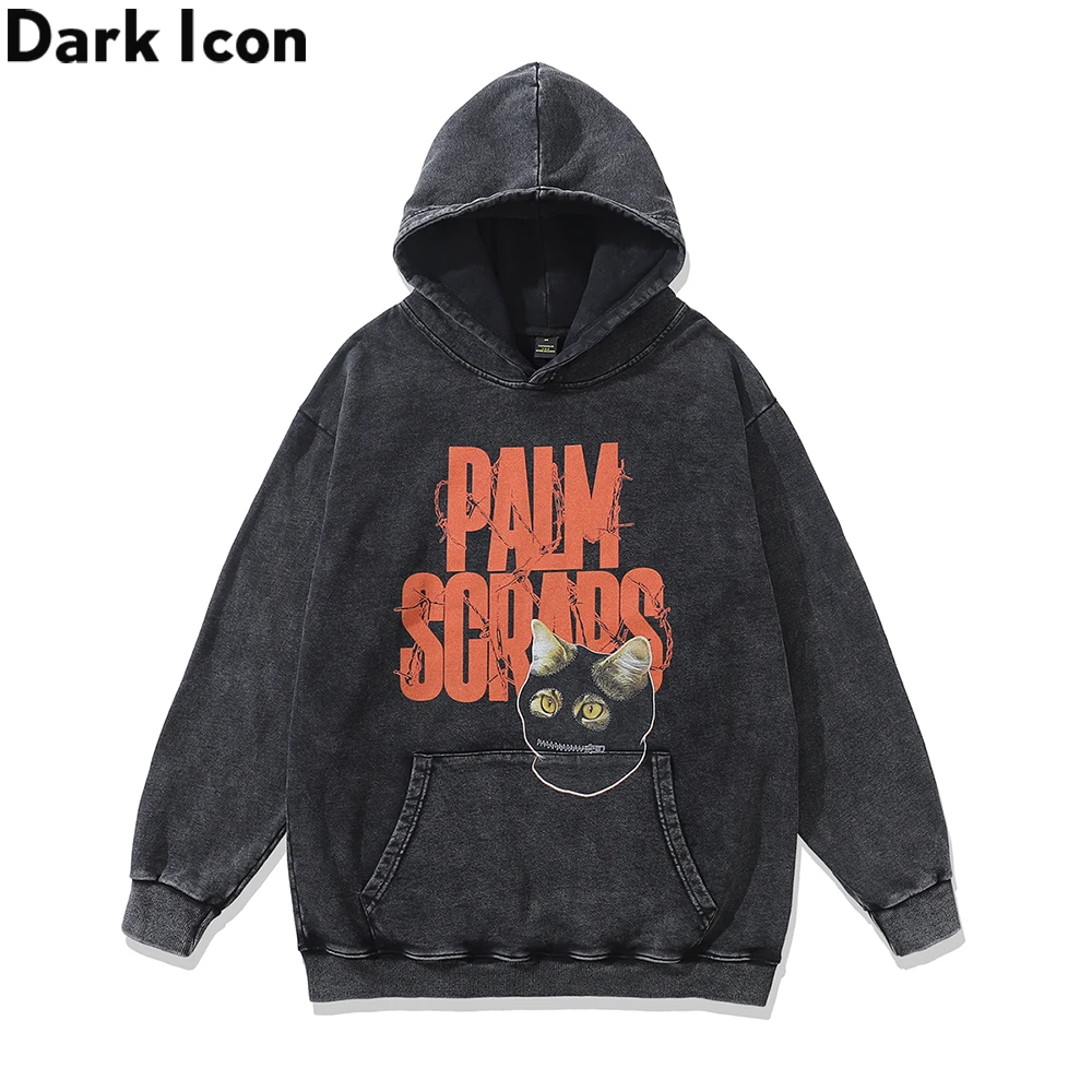 

Dark Icon Letters Print Front Pocket 430gsm Washing Cotton Men's Sweatshirts and Hoodies