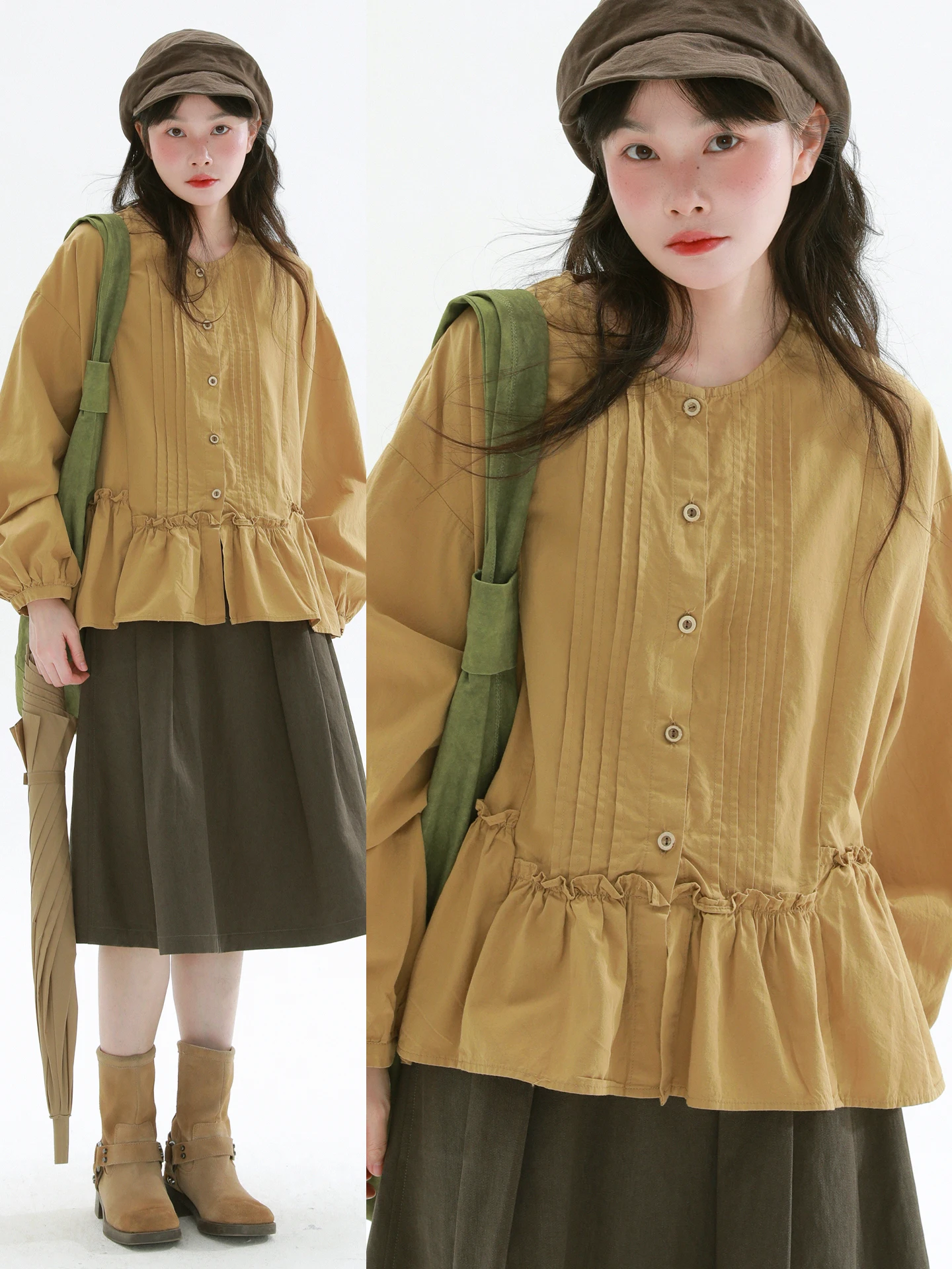 

Редкая художественная женская блузка в японском стиле с плиссированным круглым вырезом, длинными рукавами, из хлопка, с омолаживающим дизайном, модная.