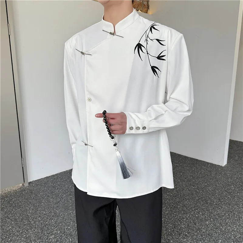 

Spring Summer Men's Long Sve irt Slanted Button Stand Collar Bamboo Le Embroidery Design Casual Faion Polyester