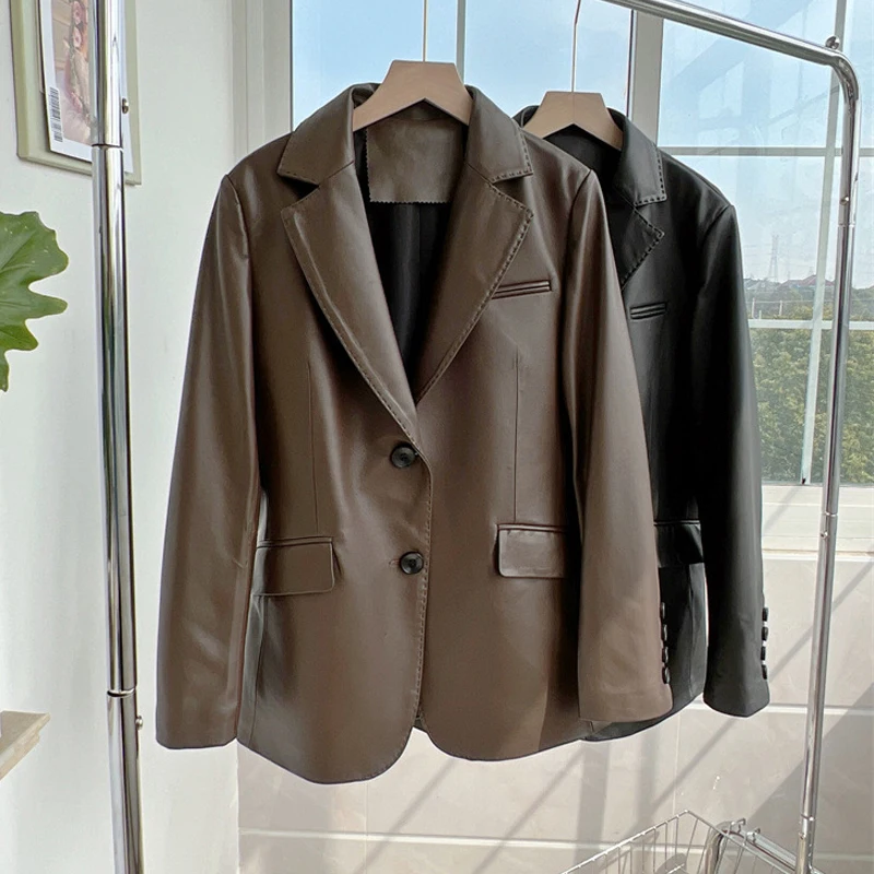 Luxury Quality First Layer Sheepskin Blazer Jackets 2025 Autumn Chic Women Casual Coffee Black Real Leather Suit Jackets Coats