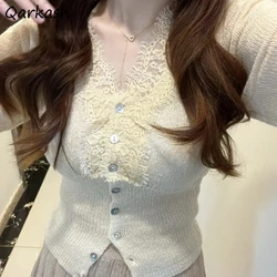 Lace V-neck Sexy Knitted Cardigan Women Elegant All-match Soft Basic Tops Ladies Chic Hot Knitwear Slim Solid Mature Sweaters BF