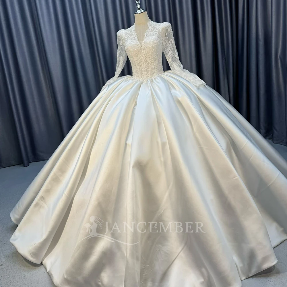 Stylish Wedding Dress Ivory Satin Ball Gown Customized V Neck Long Beaded Value for Money Lace Sleeves Collar robe de mariée