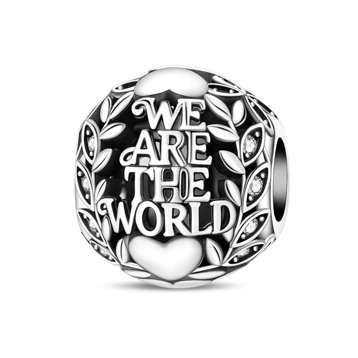Breloque en argent sterling 925 « Nous sommes le monde », motif feuille d'olivier, couronne, cœur, perle intercalaire ronde, compatible bracelet, bijou cadeau pour la paix et l'unité mondiale
