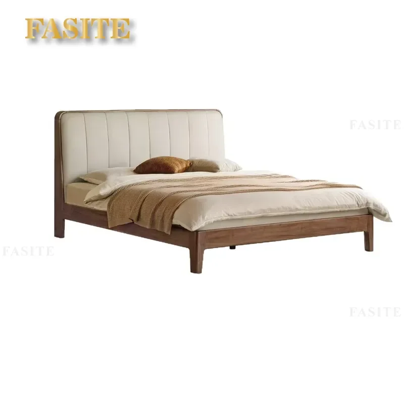 For 1.8m Double Bed Solid Wood Black Walnut Leather Upholstered Simple Bedroom Furniture with Built-in Socket Soft Headboard