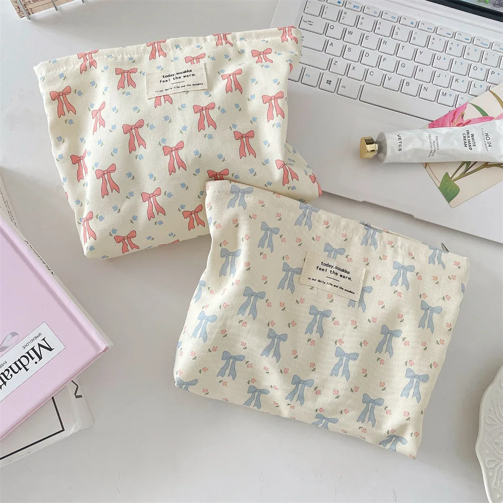 

Printed Bow Makeup Bag Portable Large Capacity Fabric Small Square Bag Cosmetic Storage Container Sundries Storage Lipstick Bags