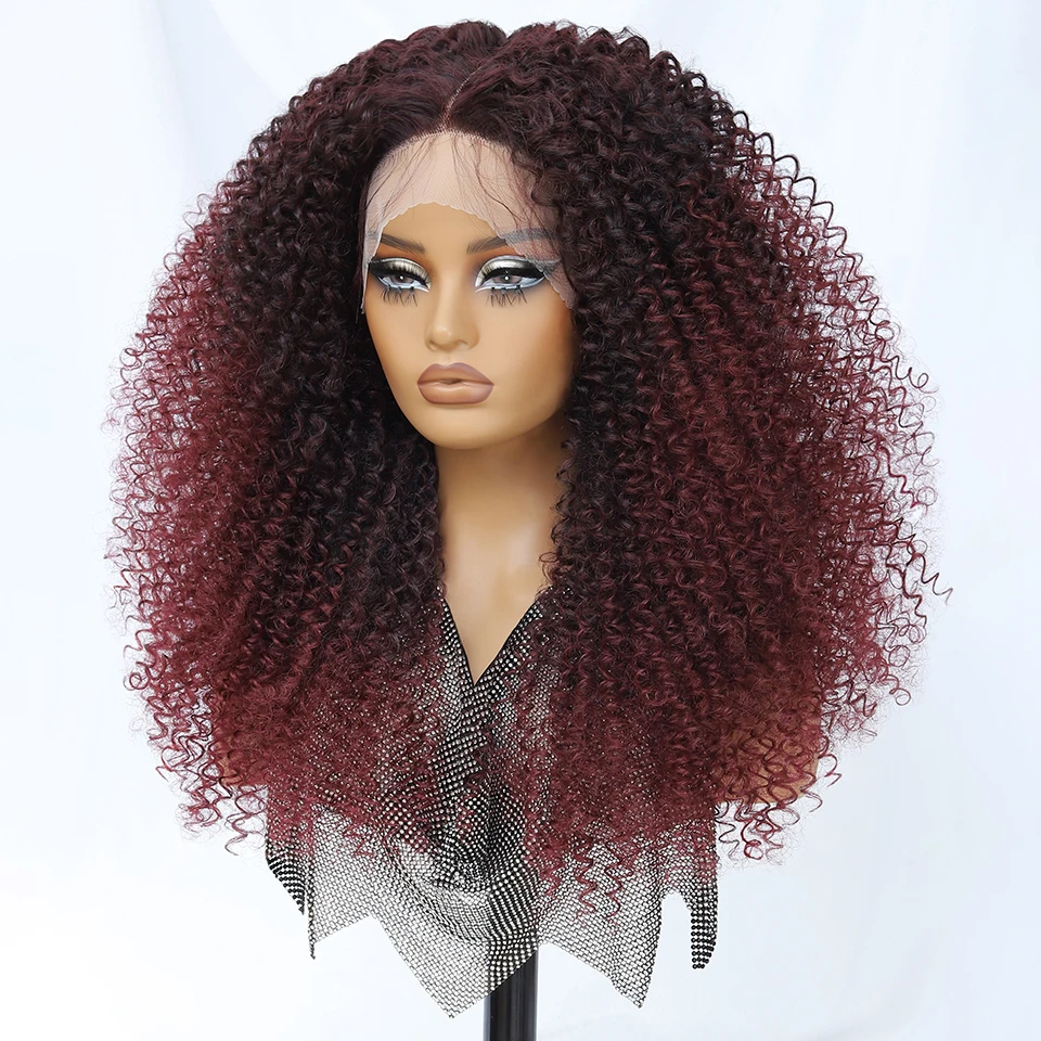 24 Inch Jerry Krul Synthetische Kant Pruiken Ombre Bordeaux Kinky Krullend Pruiken Voor Afro Vrouwelijke Zwarte Latisha Lace Front Pruiken voor Vrouw