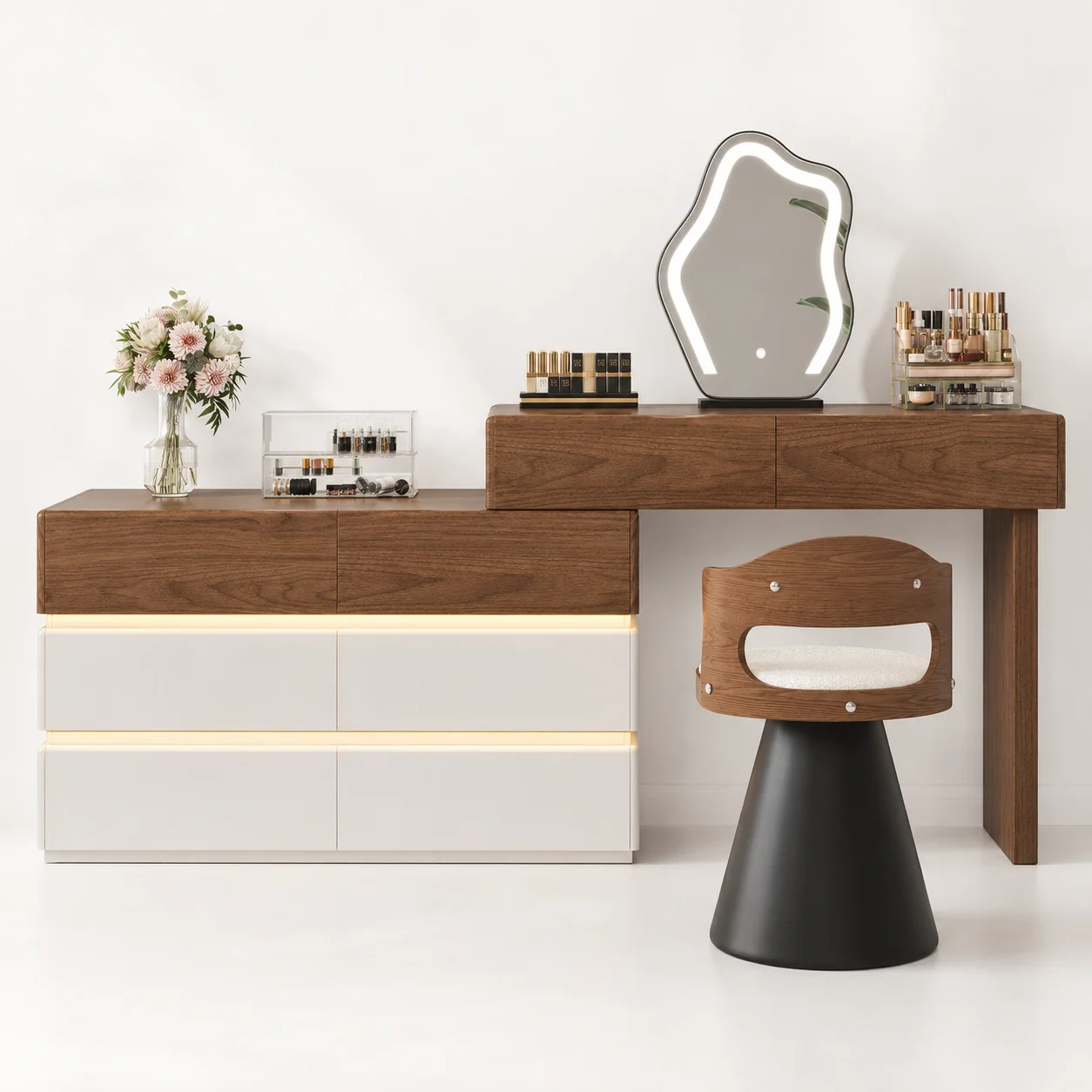#Wholesale Modern Walnut Makeup Vanity Set With LED Mirror Storage Cabinet And Chair