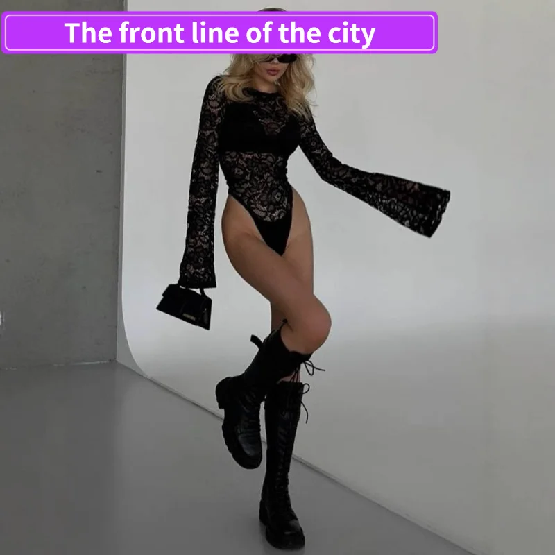 

Lace Slim Fit Sexy High Waist Hip Dr Autumn Winter New Faion round Ne Five-Quarter Length Pant High Waist Design