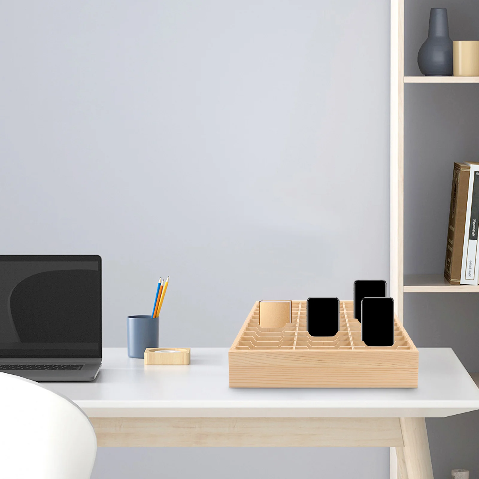 

Wooden Multi-Grids Phone Management Box Desktop Organizer Mobile Phone Storage Holder Office Classroom Meeting Room Display Rack
