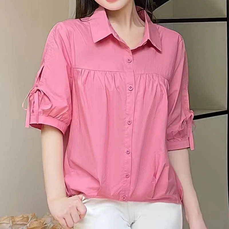 Korean Chiffon Bow Shirt Short-Sleeved Women's 2024 Summer New Coat Western Style Thin Lace-UP Blouse Fashion Loose Top Female