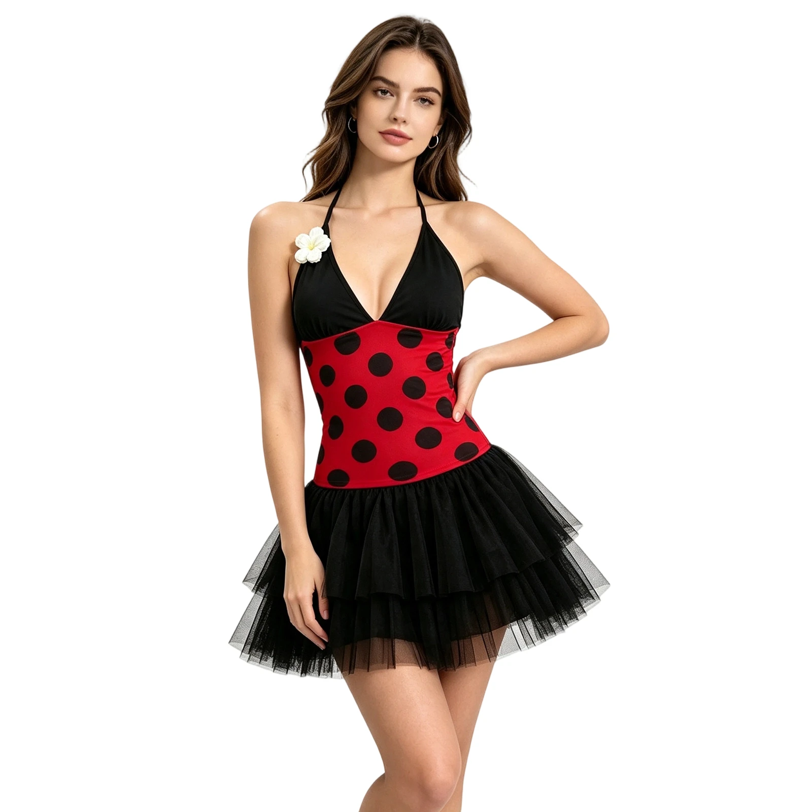 Cute Halloween Cosplay Costume for Women Halter Top Tie-up Sleeveless Backless Flower Dots/Stripes Vest Camis