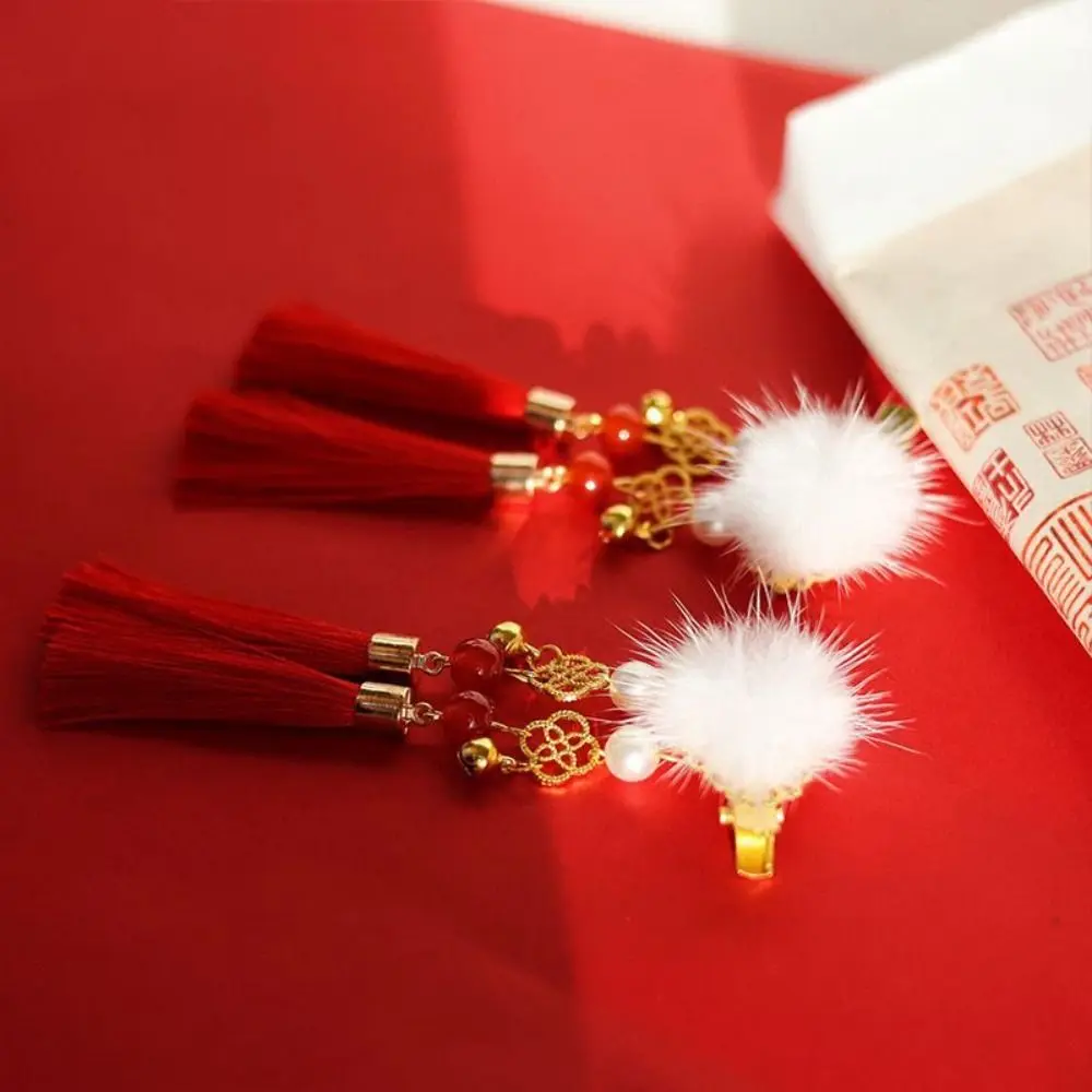 2PCS Red Fur Ball Tassel Bell Hair Clips Gilr Hairpins Kid Headdress Ancient Style Barrettes Costume Photography Prop