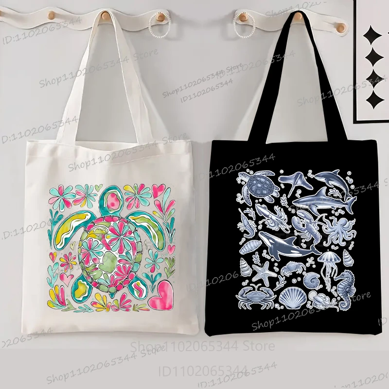 Bolsos vintage de animales marinos, bolso de mano de gran capacidad con animales, ballenas informales, tortugas, cangrejo, calamar, bolsos de hombro de almacenamiento a la moda para mujer