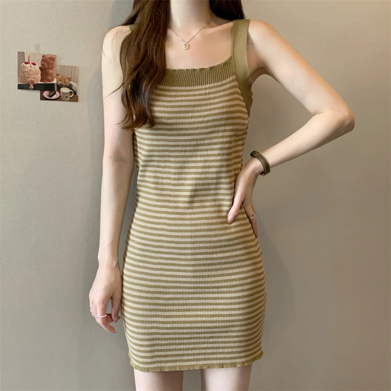 Gidyq Fashion Women Suspender Dress Summer Casual Stripe Slim Dresses Korean Female Patchwork Mini Dress Summer New